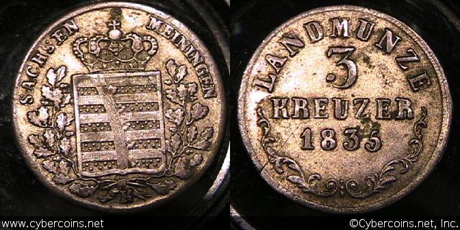 Saxe-Meiningen, 1835K, 3 Kreuzer, KM138, slightly uneven tone and