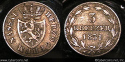 Nassau, 1831, 3 Kreuzer, KM52, XF -