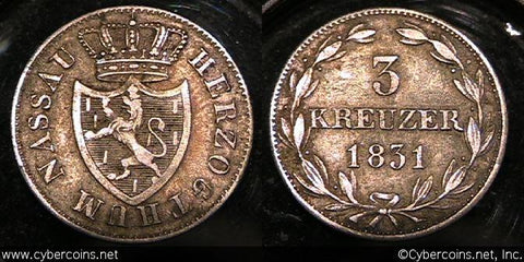 Nassau, 1831, 3 Kreuzer, KM52, XF -