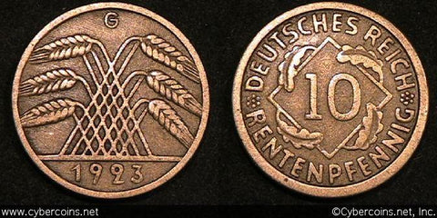 Germany, 1923G, 10 rentenpfennig, VF, KM33