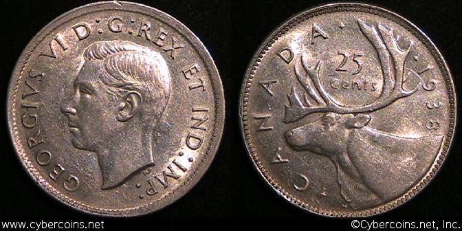 1938, Canada 25 cent, KM35, AU. Light tone