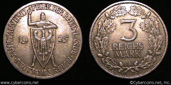 Germany, 1925A, 3 marks, AU, KM46  - light