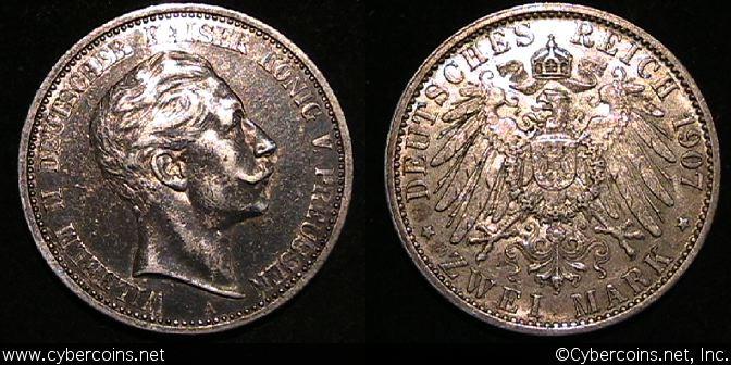 Prussia, 1907A, 2 marks, XF/AU, KM522