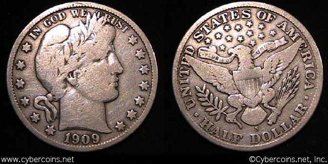 1909-S Barber Half Dollar, Grade= F