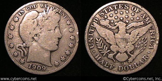 1909-S Barber Half Dollar, Grade= VG