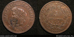France, 1887A, 5 Centimes, KM821.1, XF/AU