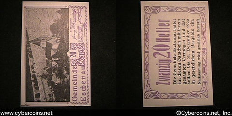 Austrian notgeld, Eschenau, 20 Heller, UNC.