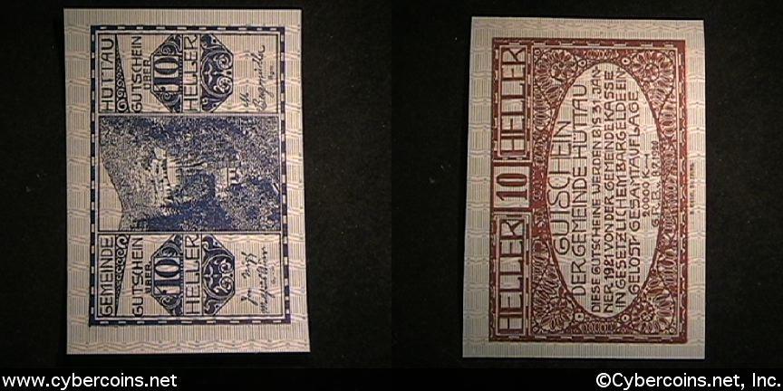 Austrian notgeld, Huttau, 10 Heller, UNC.