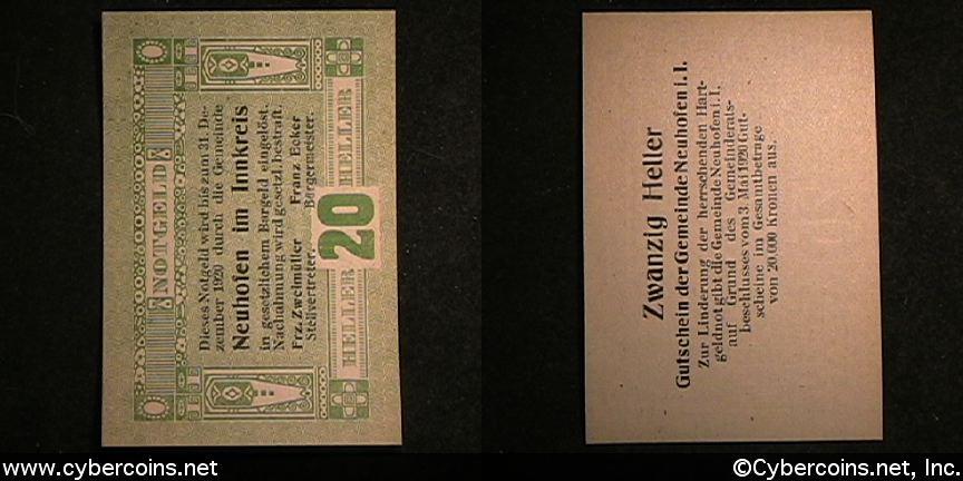 Austrian notgeld, Neuhofen, 20 Heller, UNC.