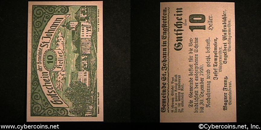 Austrian notgeld, St Johann, 10 Heller, UNC.