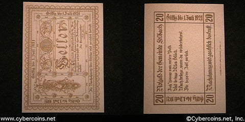 Austrian notgeld, Holbach, 20 Heller, UNC
