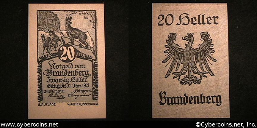 Austrian notgeld, Brandenberg, 20 Heller, UNC.