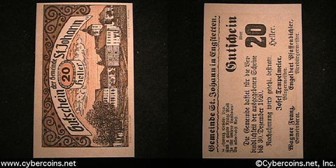 Austrian notgeld, St Johann, 20 Heller, UNC.