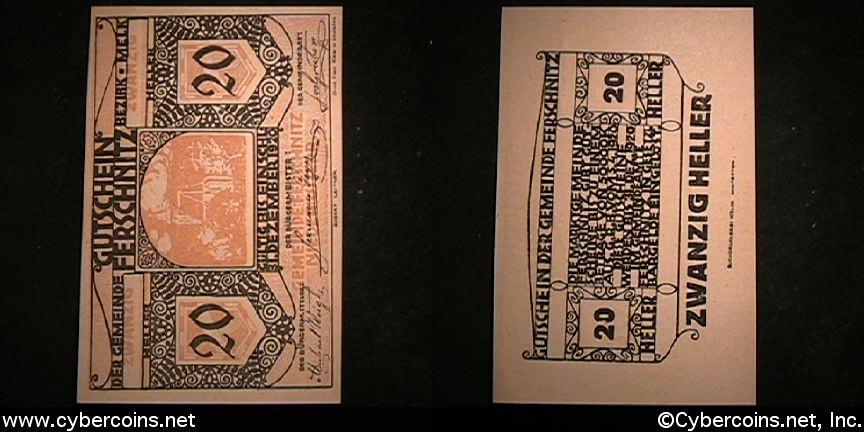 Austrian notgeld, Fernschnitz, 20 Heller, UNC.