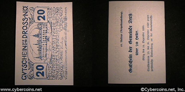 Austrian notgeld, Dross, 20 Heller, UNC