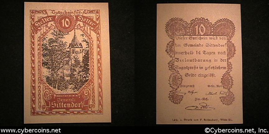 Austrian notgeld, Sittendorf, 10 Heller, UNC.