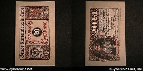 Austrian notgeld, Kattenberg, 20 Heller, UNC.