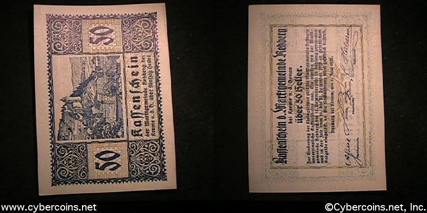 Austrian notgeld, Kassenschein, 50 Heller, UNC.
