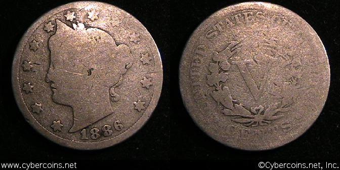 1886 V Nickel, Grade= G,   nice. Exact coin