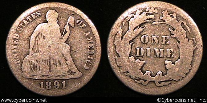 1891 Seated Dime, Grade= G
