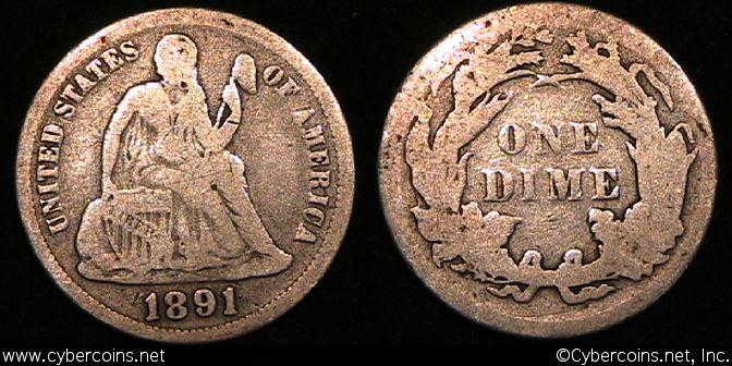 1891 Seated Dime, Grade= VG