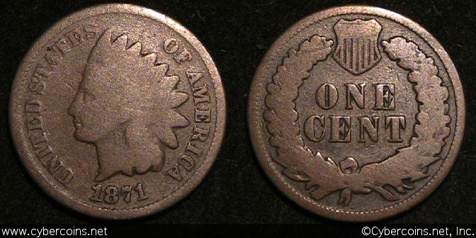 1871 Indian Cent, Grade= G,  strong date.