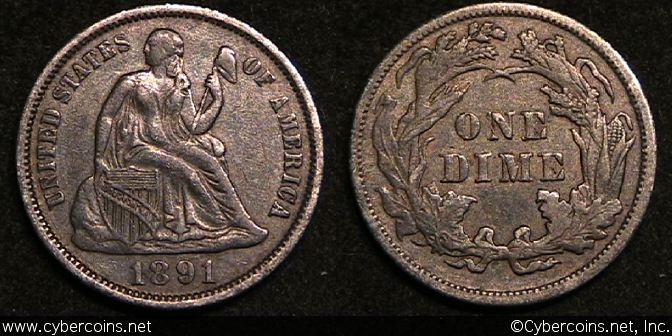 1891 Seated Dime, Grade= AU