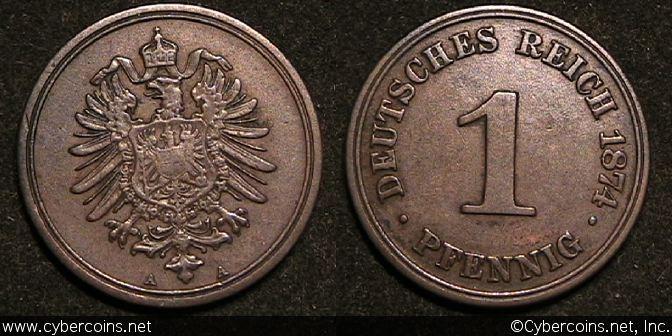Germany, 1874A, 1 pfennig, KM1, XF - rich