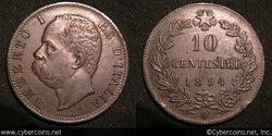 Italy, 1894BI,  10 centesimi, XF, KM27.1