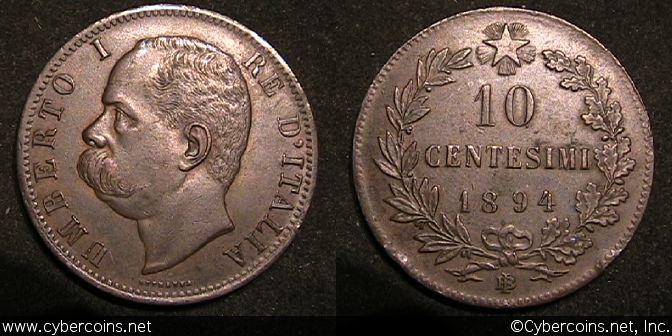 Italy, 1894BI,  10 centesimi, XF, KM27.1
