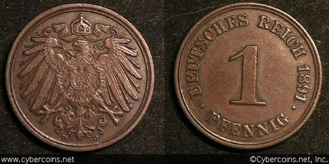 Germany, 1891D,  1 pfennig, VF/XF, KM10.