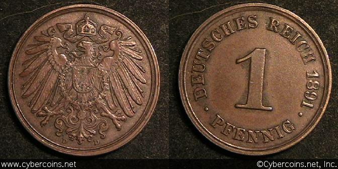Germany, 1891D,  1 pfennig, VF/XF, KM10.