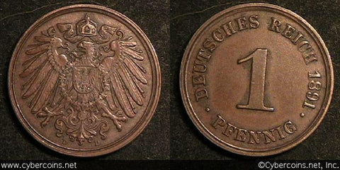 Germany, 1891D,  1 pfennig, VF/XF, KM10.