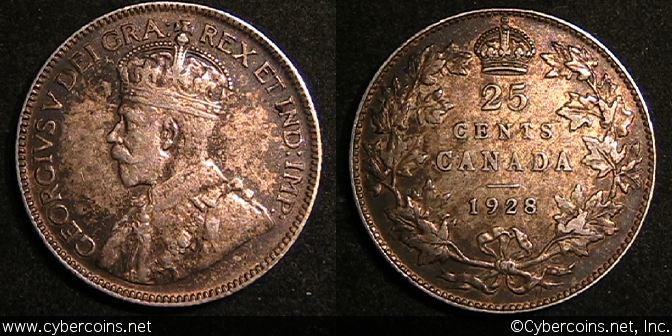 1928, Canada 25 cent, KM24a,VF. Speckled.