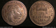 Hungary, 1869KM,  20 Krajczar, KM446.1, VF