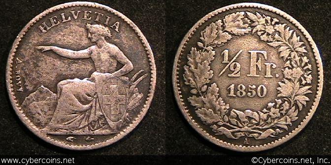 Switzerland, 1850, 1/2 Franc, VF, KM8