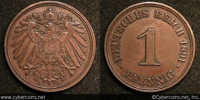 Germany, 1891D,  1 pfennig, VF/XF, KM10  -