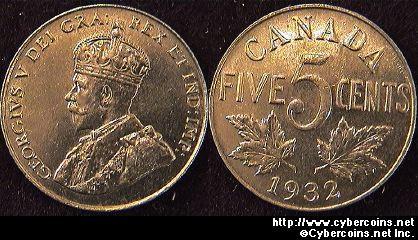 1932, Canada 5 cent, KM29, AU. Bold details but