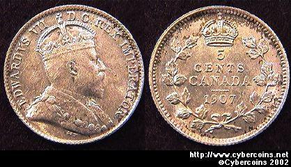 1907, Canada 5 cent, KM13, AU. Dipped and