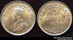 Newfoundland, 1929, 5 cent, KM13, UNC. Cleaned