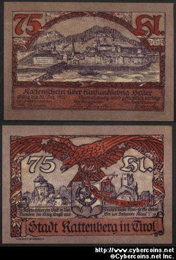 Austrian notgeld, Rattenberg, 75 Heller, UNC.