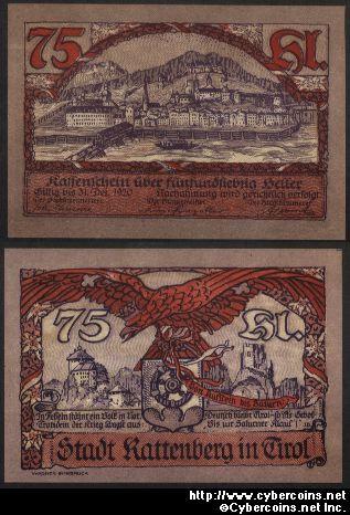 Austrian notgeld, Rattenberg, 75 Heller, UNC.
