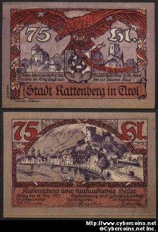 Austrian notgeld, Rattenberg, 75 Heller, UNC.