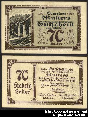 Austrian notgeld, Mutters, 70 Heller, UNC.