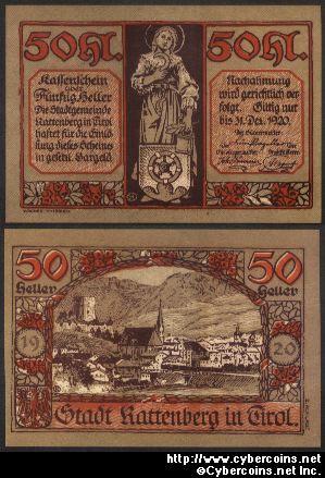 Austrian notgeld, Rattenberg, 50 Heller, UNC