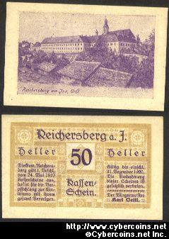 Austrian notgeld, Reichersberg, 50 Heller, UNC