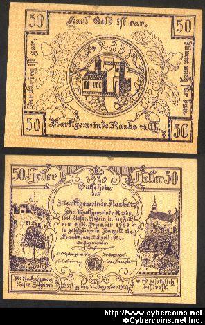 Austrian notgeld, Raabs, 50 Heller, UNC.
