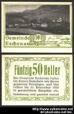 Austrian notgeld, Eschenau, 50 Heller, UNC.