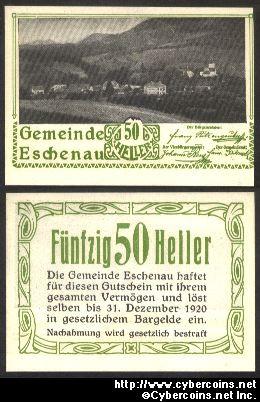 Austrian notgeld, Eschenau, 50 Heller, UNC.