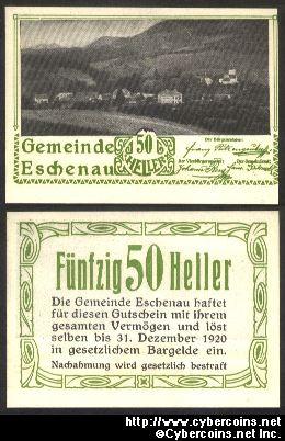 Austrian notgeld, Eschenau, 50 Heller, UNC.